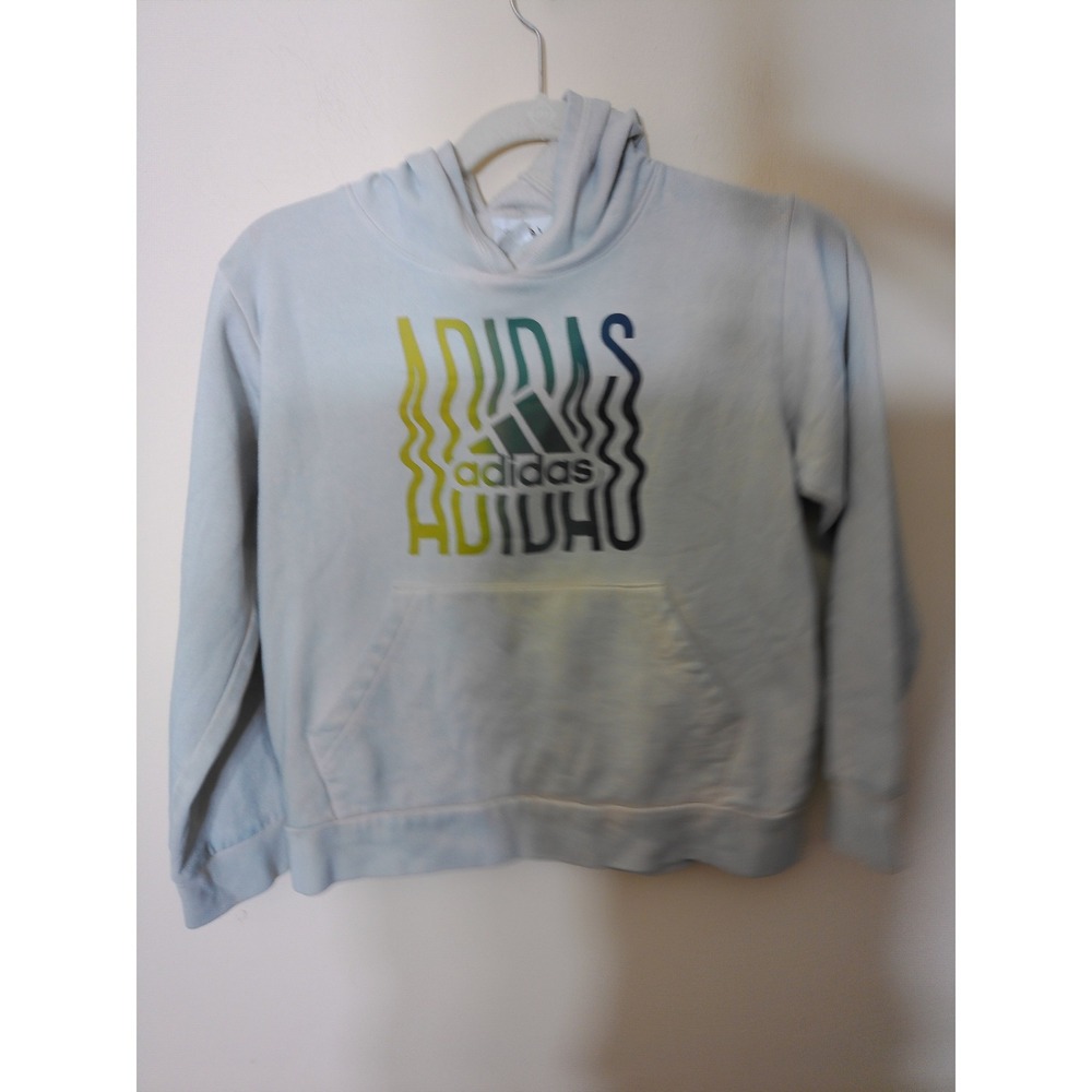 Adidas Hoodie Youth Medium Gray Wavy Logo Gradient Graphic Pullover Sweatshirt